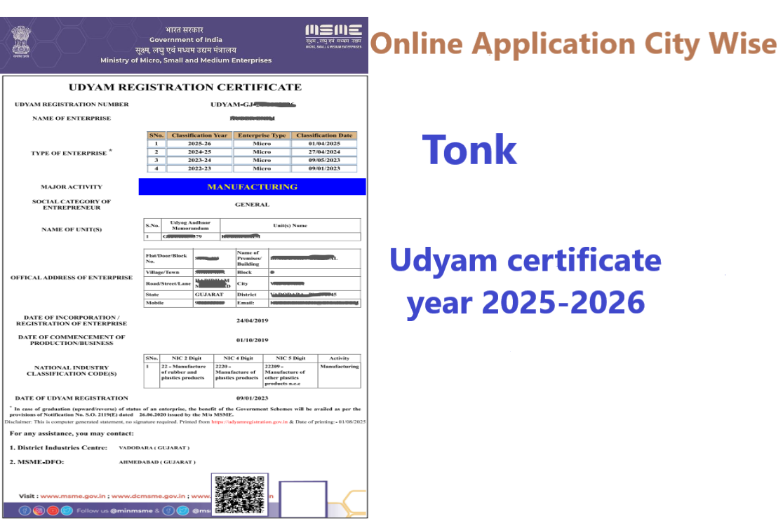 Tonk  Udyam Certificate Year 2025-2026